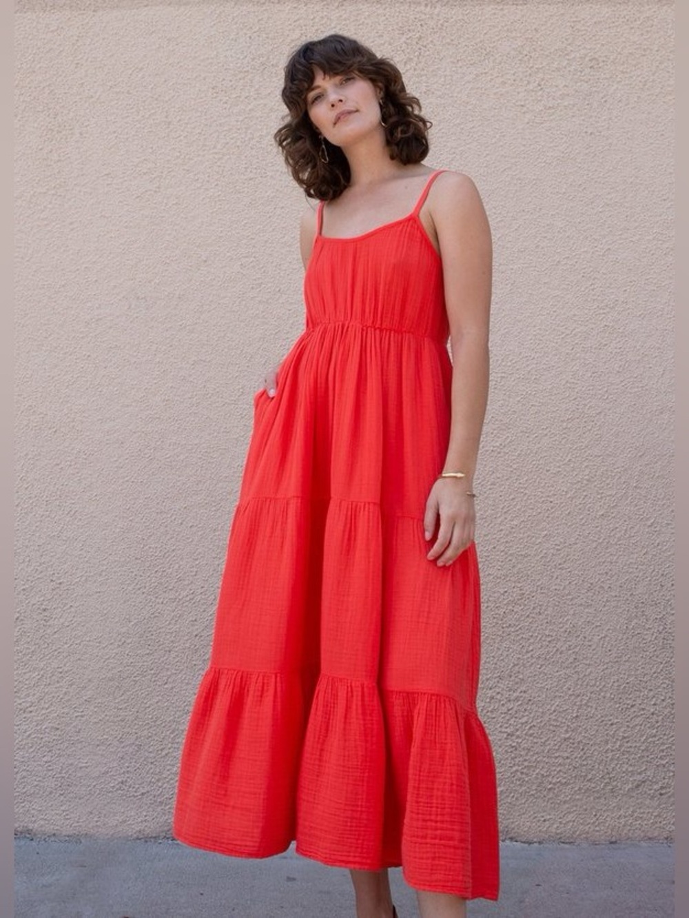 Xirena Ali Cotton Gauze Maxi Dress | Day Crush Coral Tiered Cami Dress | XS